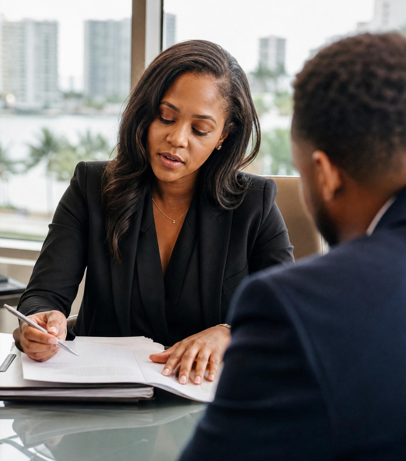 Sterling & Black attorney reviewing documents with a client in a Miami office